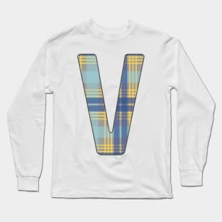 Monogram Letter V, Blue, Yellow and Grey Scottish Tartan Style Typography Design Long Sleeve T-Shirt
